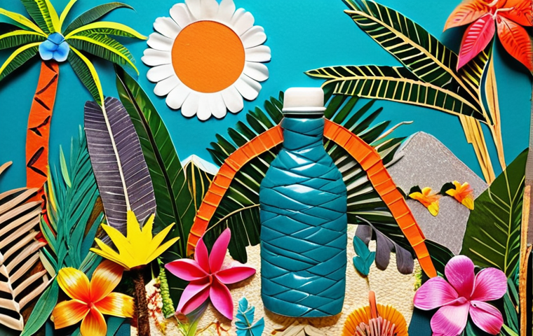 **

A vibrant collage made from recycled materials like colorful fabric scraps, plastic bottle pieces, and dried flowers. The collage depicts a stylized tropical landscape with lush foliage and bright, whimsical details. Focus on texture and the contrast between the different materials.

**