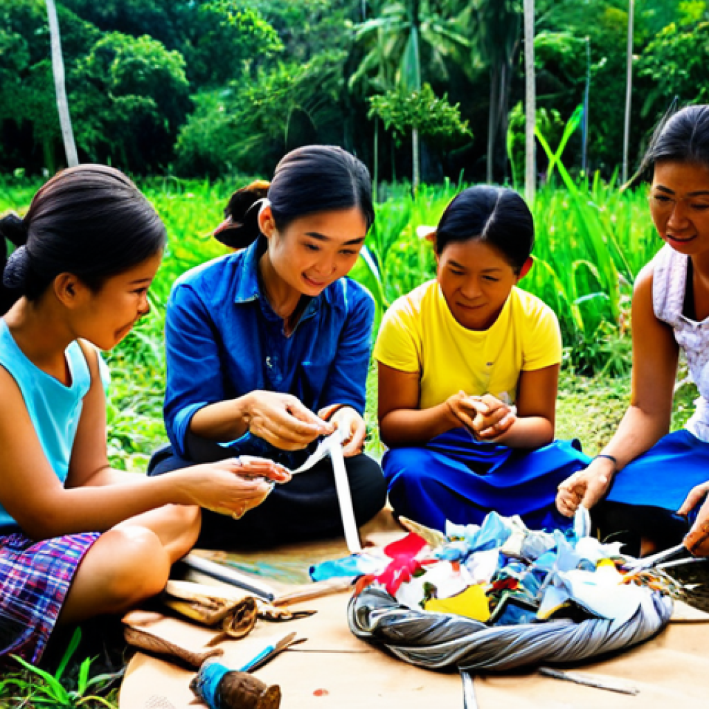 Upcycled Art Workshop**
"A group of Thai villagers, fully clothed in appropriate attire, participating in an upcycling art workshop outdoors, creating sculptures from recycled materials like fabric scraps and plastic waste, safe for work, appropriate content, professional art instruction, perfect anatomy, correct proportions, natural poses, vibrant colors, well-formed hands, proper finger count, natural body proportions, family-friendly."
**