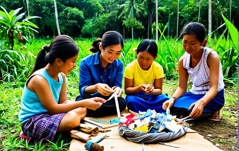 Upcycled Art Workshop**

"A group of Thai villagers, fully clothed in appropriate attire, participating in an upcycling art workshop outdoors, creating sculptures from recycled materials like fabric scraps and plastic waste, safe for work, appropriate content, professional art instruction, perfect anatomy, correct proportions, natural poses, vibrant colors, well-formed hands, proper finger count, natural body proportions, family-friendly."

**