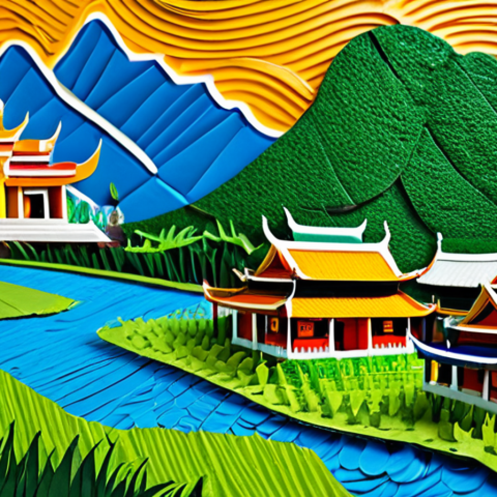 **Prompt:** A vibrant collage created from recycled materials (cardboard, fabric scraps, plastic pieces) depicting a stylized Thai landscape with rice paddies and temples. Use bright, contrasting colors. "Eco Art," "recycling," "Thai art," "vibrant," "safe for work," "appropriate content," "fully clothed," "professional."