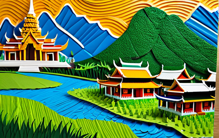 **Prompt:** A vibrant collage created from recycled materials (cardboard, fabric scraps, plastic pieces) depicting a stylized Thai landscape with rice paddies and temples. Use bright, contrasting colors. "Eco Art," "recycling," "Thai art," "vibrant," "safe for work," "appropriate content," "fully clothed," "professional."
