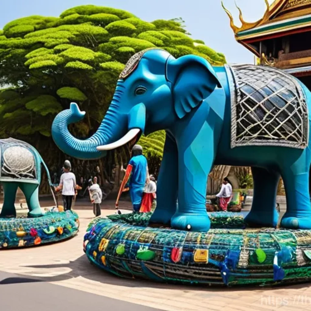 미술로 환경 문제 해결하기 - **Vibrant Community Upcycled Art Installation:** A wide shot of a bustling, sun-drenched Thai commun...