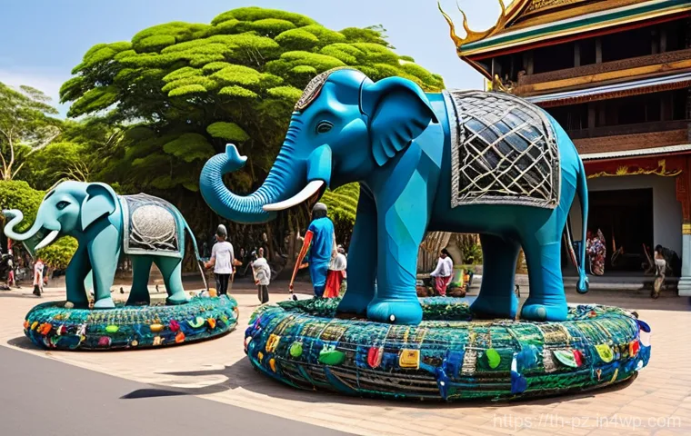 미술로 환경 문제 해결하기 - **Vibrant Community Upcycled Art Installation:** A wide shot of a bustling, sun-drenched Thai commun...