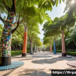 Home 21 미술을 통한 환경 보호 캠페인 - A vibrant outdoor public art installation in a lush green urban park in Bangkok, featuring large scu...