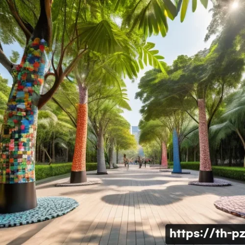 Home 33 미술을 통한 환경 보호 캠페인 - A vibrant outdoor public art installation in a lush green urban park in Bangkok, featuring large scu...