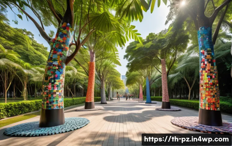 미술을 통한 환경 보호 캠페인 - A vibrant outdoor public art installation in a lush green urban park in Bangkok, featuring large scu...
