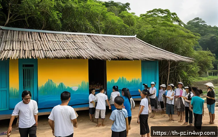 지역 생태계 보호를 위한 미술 활동 - A vibrant community mural painting event in a Thai coastal village, featuring local artists and chil...