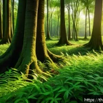 Home 19 자연의 색과 질감을 활용한 미술 - A serene forest scene showcasing vibrant green leaves with smooth, detailed veins and subtle olive t...