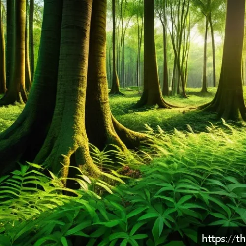 Home 31 자연의 색과 질감을 활용한 미술 - A serene forest scene showcasing vibrant green leaves with smooth, detailed veins and subtle olive t...