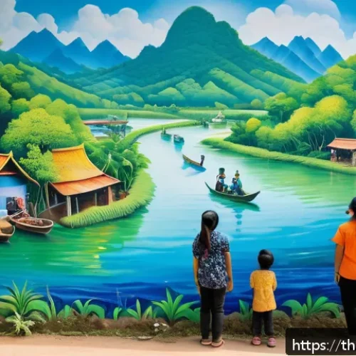 Home 30 미술을 통한 지속 가능한 개발 교육 - A vibrant mural painted on a community wall in a Thai village, depicting local nature scenes with lu...