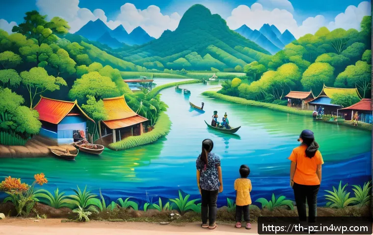 미술을 통한 지속 가능한 개발 교육 - A vibrant mural painted on a community wall in a Thai village, depicting local nature scenes with lu...