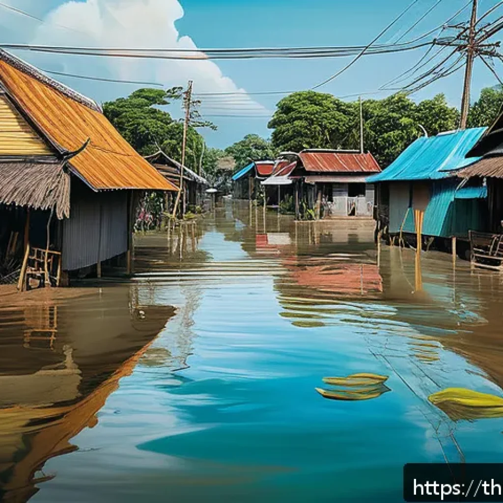 미술을 통해 알리는 기후 변화 - A vivid oil painting depicting the southern Thailand flood crisis with intricate details: vibrant ye...