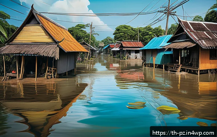 미술을 통해 알리는 기후 변화 - A vivid oil painting depicting the southern Thailand flood crisis with intricate details: vibrant ye...