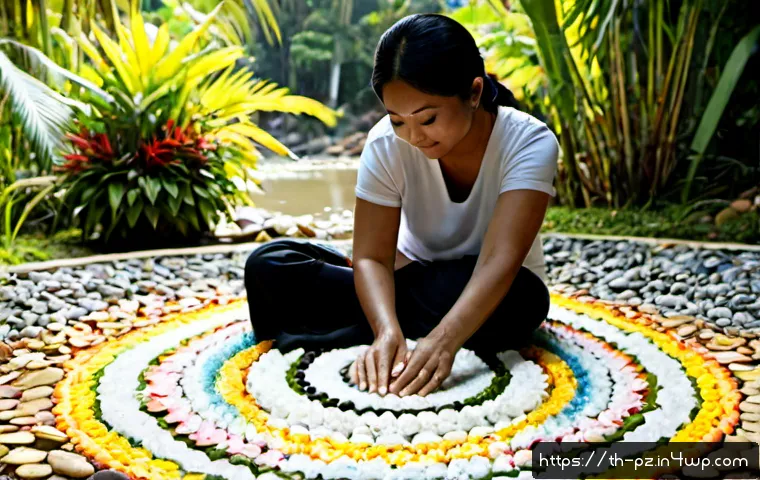 Home 17 생태 미술을 통한 정서적 치유 - Photorealistic Thai woman in her 50s creating a circular land-art mandala from fallen leaves, smooth...