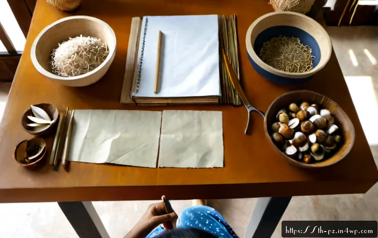 생태 미술을 위한 워크숍 기획하기 - Photorealistic overhead view of an eco-art workshop planning desk in Thailand, neatly arranged recyc...